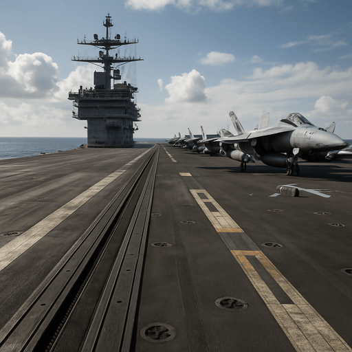 Photorealistic nuclear-powered
aircraft carrier deck. View from the deck before take off