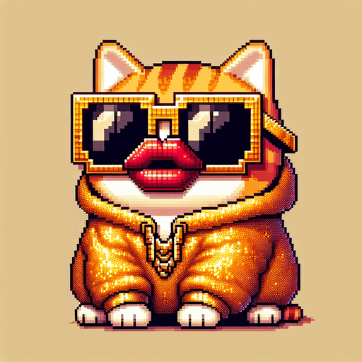 The character in the image is now envisioned as a pixel-art masterpiece, akin to a legendary golden NFT. This orange tabby cat, with its distinct stripes, is brought to life using a luxurious palette of golden and orange square pixels. The round face is accentuated by large, black pixels for eyes, shielded by opulent, oversized, round, dark opaque sunglasses crafted from golden pixels. The cat's signature, exaggerated red pout, resembling a duck's bill, is rendered in a rich, golden hue, stretching across the entire width of its face, adding to its rarity and allure. The body, deliberately smaller in pixel size compared to its head, is designed to enhance the character's cute, chubby appearance, all in golden tones to emphasize its legendary status. Adorned in a simple, light-colored hoodie with a golden pixelated drawstring, the cat sits with its paws visible in front, maintaining a relaxed posture. This creation, with its playful and whimsical pixel art style, embodies the essence of a luxurious and rare digital collectible, perfect for a high-value NFT mascot or a character in an exclusive digital children's book..
Single Game Texture. In-Game asset. 2d. Blank background. High contrast. No shadows.