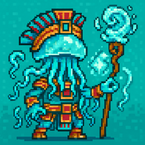 Generame un guerrero meduza cone fectos de agua, que cura como mago, estilo pixelar, ambeintado a lo azteca.
In-Game asset.  2d.  High contrast.  No shadows
