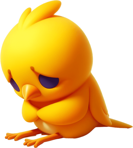 a little yellow bird, sad, sitting..
Single Game Texture. In-Game asset. 2d. Blank background. High contrast. No shadows.