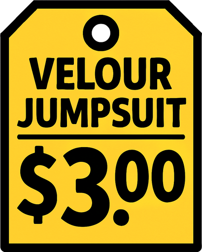 Price tag that says velour jumpsuit $3.00.
In-Game asset.  2d.  High contrast.  No shadows