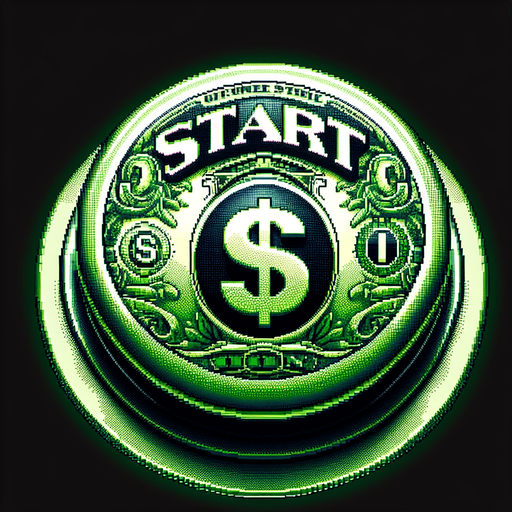 face view of a big start button in the shape of a dollar bill.
video game style
