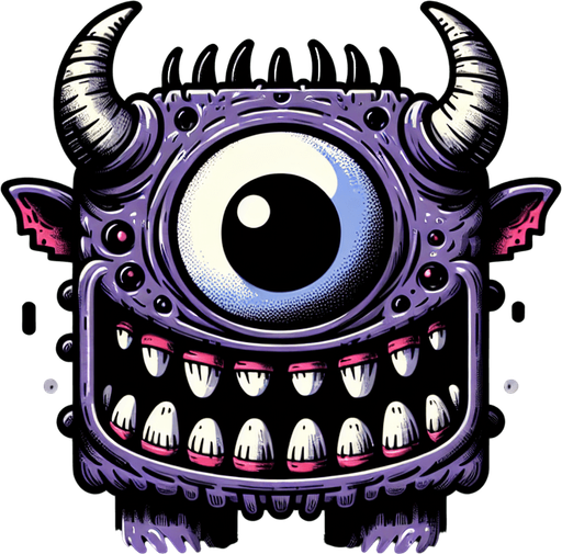 monster in flat shading style. Monster has chopped off horns and has lazy eye with scary teeth. think black borders
Single Game Texture.  In-Game asset.  2d.  Blank background.  High contrast.  No shadows