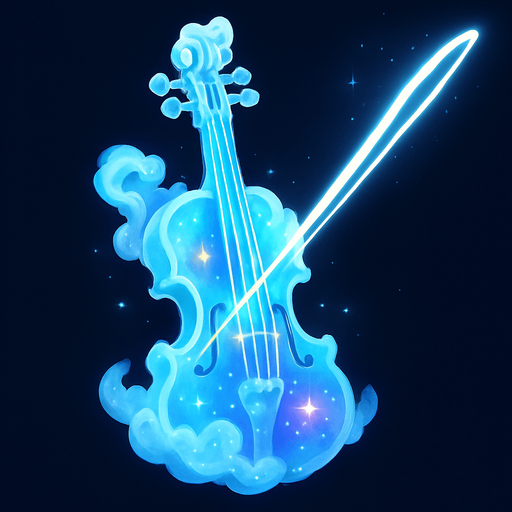 Un violín que parece estar esculpido en nubes etéreas o cristal de éter, con un brillo suave. El arco es un haz de luz pura que deja un rastro luminoso al moverse. Las cuerdas son finos hilos de energía que brillan con diferentes colores, y el cuerpo del violín podría tener constelaciones o nebulosas incrustadas..
In-Game asset.  2d.  High contrast.  No shadows