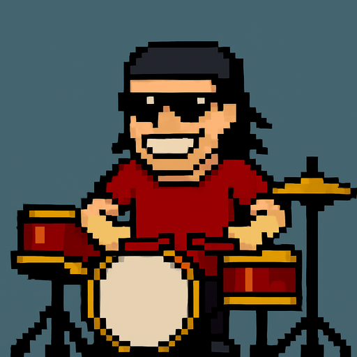 make the next frame when he is hitting the drums while grin smile with one's teeth showing, his hands are down and drumstick are on the drums