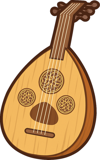 A clean, stylized 2D illustration of a traditional Middle Eastern oud instrument. The body should be teardrop-shaped with a wooden texture, 5–6 tuning pegs, and ornate sound holes. The image should have a warm, earthy color palette (browns and golds) with soft shadows and a clear outline. Designed in cartoon or flat vector style, suitable for mobile games. Export as a transparent background PNG, so it can be placed over any UI or background. Should be visually clear even at small sizes..
In-Game asset.  2d.  High contrast.  No shadows