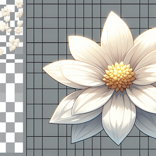 A sprite sheet of white flower petals..
Single Game Texture. In-Game asset. 2d. Blank background. High contrast. No shadows.