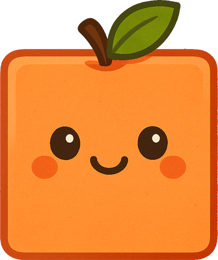 Square orange peach with cute happy face. Cartoon style. Cute art style. Simple vector style. No Shadow Single Game Texture. In-game asset. 2d. Blank background. High contrast. No shadow. square with corners