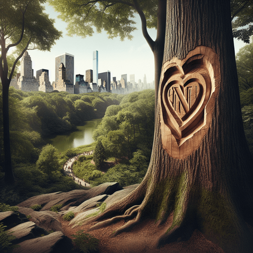 Photorealistic landscape in the New York central park. 
Show the forest and on the trunk of the very first tree, a heart should be carved into it and the letter N in the heart.