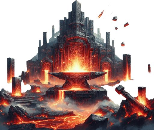 Backdrop: A grand forge surrounded by molten lava and glowing hammers mid-swing.

Colors: Fiery reds and oranges with metallic silver and gray.

Details: Sparks flying and glowing weapon fragments scattered around..
Single Game Texture. In-Game asset. 2d. Blank background. High contrast. No shadows.