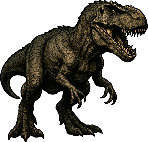 A massive Giganotosaurus dinosaur with rough, dark brown and gray scaly skin. It has a large, powerful head with sharp teeth visible in a slightly open mouth. The muscular body shows visible muscle definition and thick, tough skin. The claws are sharp, and the stance is aggressive and dominant..
In-Game asset.  2d.  High contrast.  No shadows
