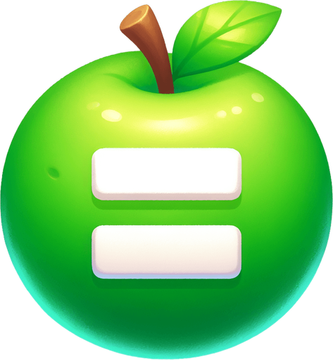 white "=" on a green apple..
Single Game Texture. In-Game asset. 2d. Blank background. High contrast. No shadows.