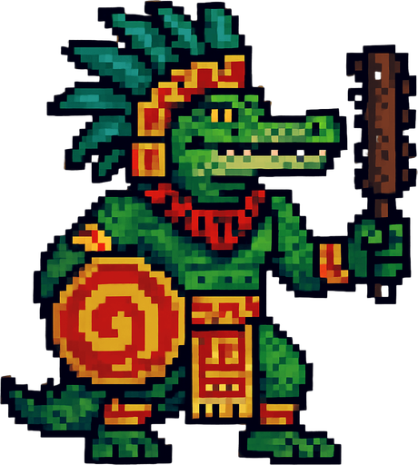 Generame un guerrero azteca con patrones, estilo pixelar, ademas sera un Caimán llanero humanoide..
In-Game asset.  2d.  High contrast.  No shadows