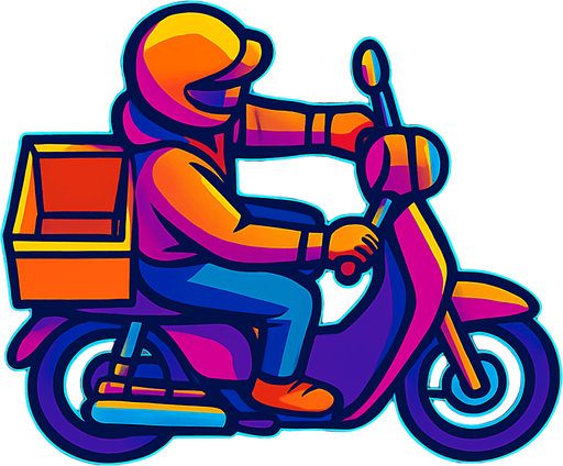 A moped courier riding a moped with a food carrying basket with the top open and no lid on the back of the moped. Top down view with the moped pointing fully sideways.