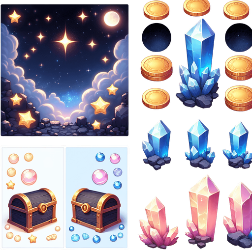 нужны ерасивые монеты, кристаллы, сундуки с кристаллами, всё это должно соответсвовать небесной тематике.
Single Game Texture. In-Game asset. 2d. Blank background. High contrast. No shadows.