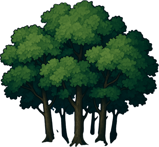 Arboleda, con fondo, cielo nocturno, algo realista.
In-Game asset.  2d.  High contrast.  No shadows