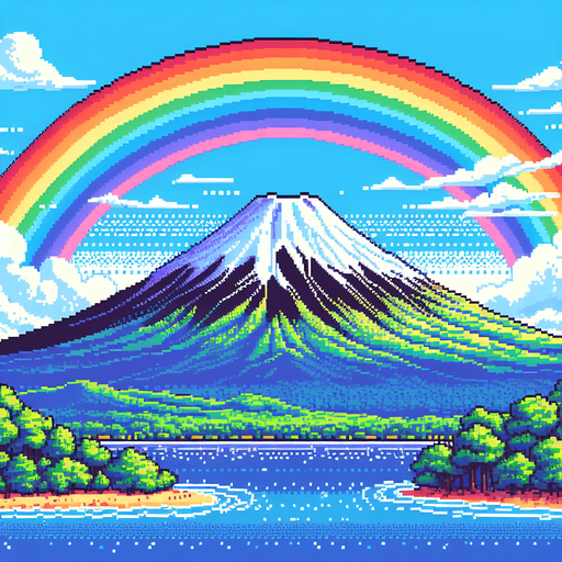 A Mount fuji background with a big rainbow crossing from side to side in the sky, pixel style, colourful.
Single Game Texture.  In-Game asset.  2d.  Blank background.  High contrast.  No shadows