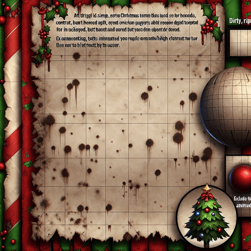 a simple eerie christmas blank dirty ripped paper. Use christmas colors. Do not put text, just the dirty ripped paper so i can fill it myself with text.
Single Game Texture. In-Game asset. 2d. Blank background. High contrast. No shadows. No text.
