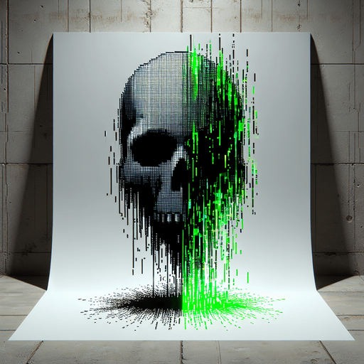A pixelated skull with green digital "code streams" dripping down, symbolizing a destructive digital attack.
Neon green and dark gray..
Single Game Texture. In-Game asset. 2d. Blank background. High contrast. No shadows.