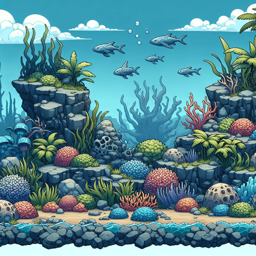 undersea olants rocks etc but no fish.
Single Game Texture. In-Game asset. 2d. Blank background. High contrast. No shadows.