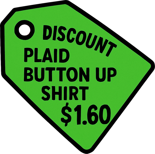 green price tag that says discount plaid button up shirt $1.60.
In-Game asset.  2d.  High contrast.  No shadows