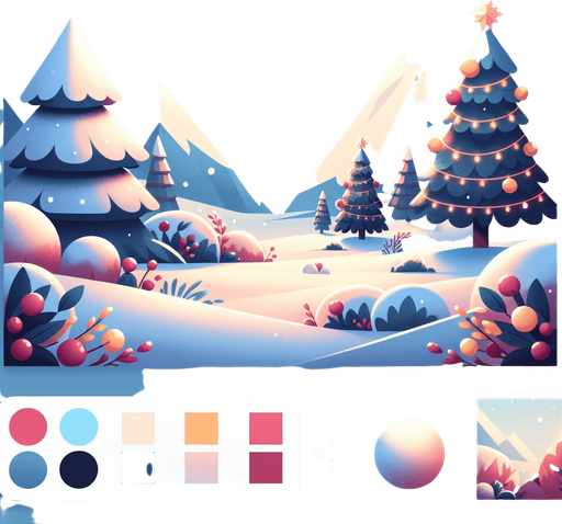 Christmas landscape scene, soft colours. Blank background. High contrast. No shadows. Single Game Texture. In-Game asset. 2d. Blank backgroud Single Game Texture. In-Game asset. 2d. Blank background. High contrast. No shadows.