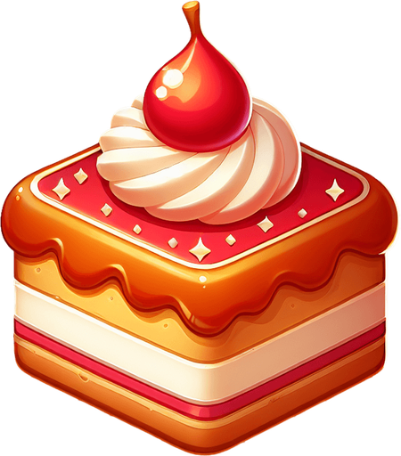 gâteau.
Single Game Texture.  In-Game asset.  2d.  Blank background.  High contrast.  No shadows