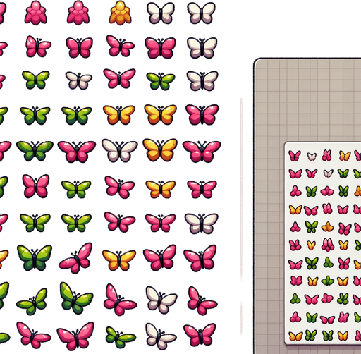 A sprite sheet of different colored butterflies. Include pink, green and yellow..
Single Game Texture. In-Game asset. 2d. Blank background. High contrast. No shadows.