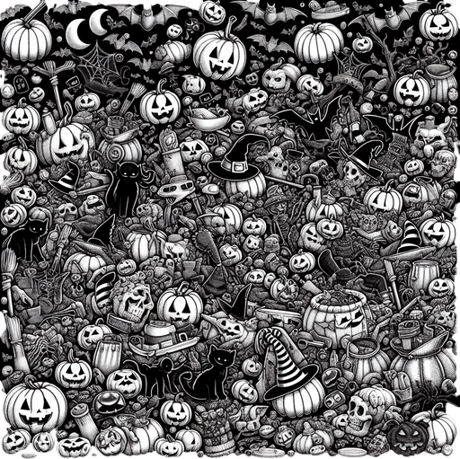 Generate a high quality cartoon background Halloween image on a black canvas similar to the format of where is waldo.
Single Game Texture. In-Game asset. 2d. Blank background. High contrast. No shadows.