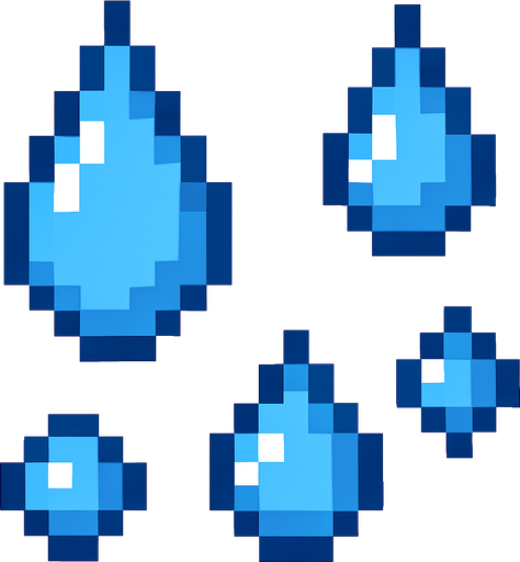 Gotas de agua pixelar.
In-Game asset.  2d.  High contrast.  No shadows