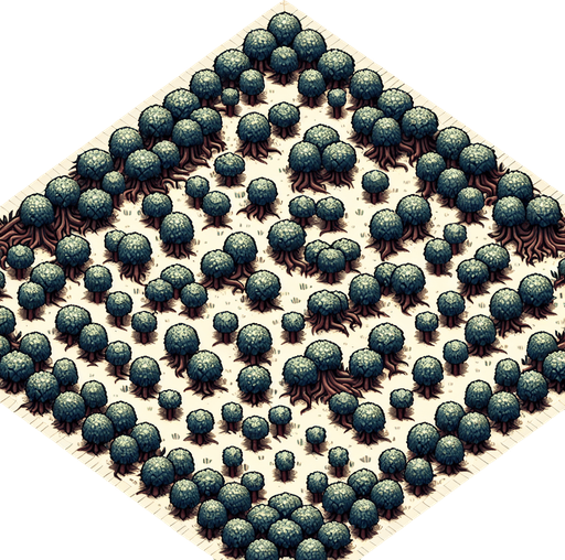 top down forest clearing with small bushes..
Single Game Texture. In-Game asset. 2d. Blank background. High contrast. No shadows.