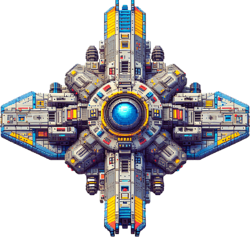 Spaceship like in galaga.
Single Game Texture. In-Game asset. 2d. Blank background. High contrast. No shadows. Straight up and down. Seen from above.