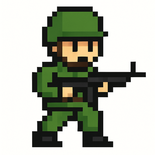 soldier pixel.
In-Game asset.  2d.  High contrast.  No shadows