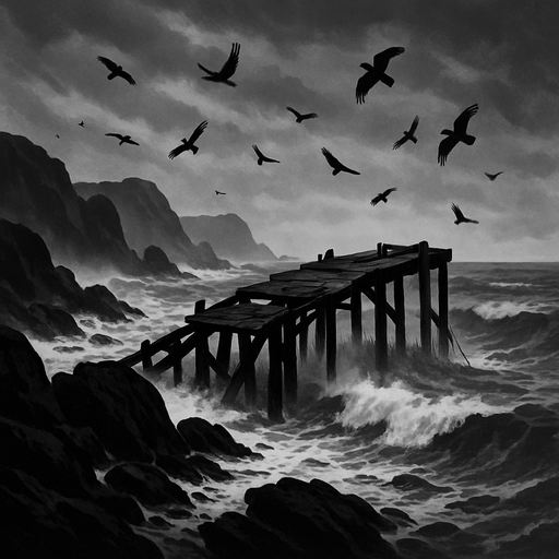 Stormy medieval coastline with jagged rocks and crashing waves, an old broken pier, sea mist, overcast skies, crows circling, moody and realistic.
In-Game asset.  2d.  High contrast.  No shadows