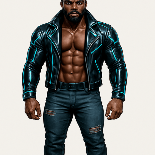 man Cyberpunk manga, African American hunk, shiny black leather biker jacket longsleeves shirtless muscles pexs abs, dreadlocks topknot updo, jeans combat boots, Background removed, "Full-body character, entirely in frame, no cropping of face, head, or feet" "Complete character visible, from hair to boots, fully centered in the image" "Entire character, including face and boots, fully within the frame" Character fully contained within a square frame, no edges cut off fashion model idle pose facing forward