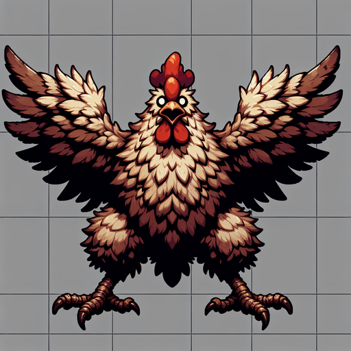 Kanatları açık canavar bir tavuk.
Single Game Texture.  In-Game asset.  2d.  Blank background.  High contrast.  No shadows