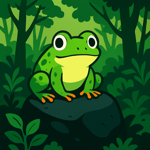 gambar 2d anime kodok hijau di atas batu hitam dalam hutan.
In-Game asset.  2d.  High contrast.  No shadows