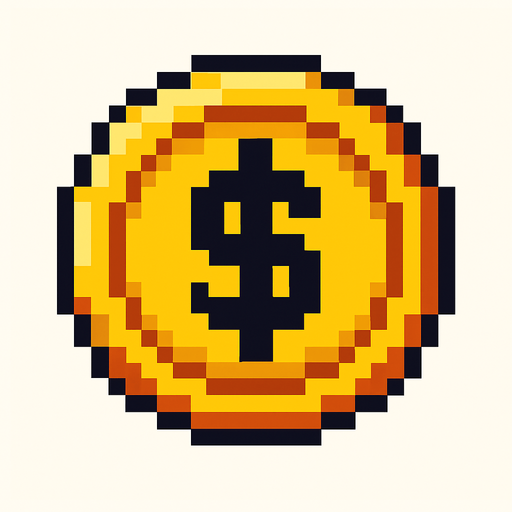 pixel bir coin, üstünde dolar($) işareti var.
In-Game asset.  2d.  High contrast.  No shadows