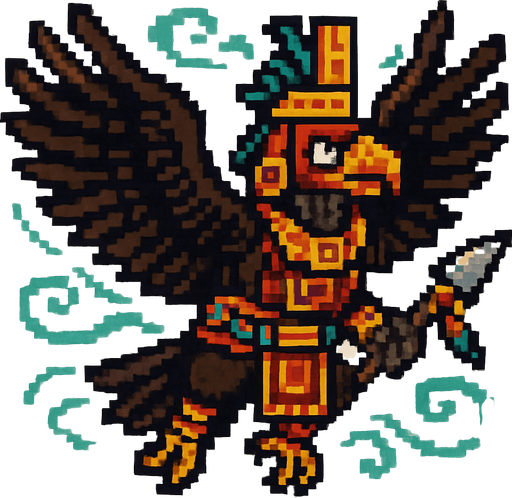 Generame un guerrero azteca con patrones, estilo pixelar, además será un Cóndor de los Andes, unidad voladora con alas, con efectos de viento.
In-Game asset.  2d.  High contrast.  No shadows
