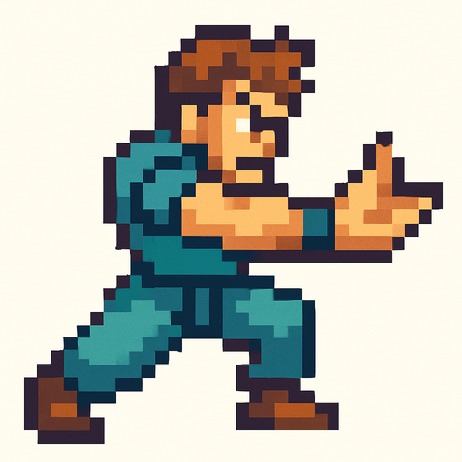 aduket pozu vermiş pixel bir adam avucunun içi boş olsun.
In-Game asset.  2d.  High contrast.  No shadows