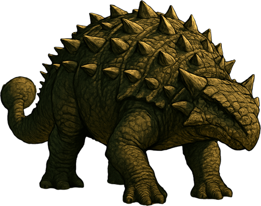 A large, heavily armored Ankylosaurus dinosaur standing in a prehistoric forest. Its body is covered with thick, bumpy, dark brown and olive-green armored plates and sharp spikes along its sides and back. The dinosaur has a broad, low head with small eyes and a short snout. Its massive tail ends with a large, club-like bony knob, ready to swing. The scene is lit by soft sunlight filtering through dense ancient conifers, with ferns and cycads on the ground. The texture of the skin is rough and scaly, showing detailed scales and scars from past battles. The overall style is realistic with natural colors and detailed textures, emphasizing the dinosaur’s power and defense..
In-Game asset.  2d.  High contrast.  No shadows