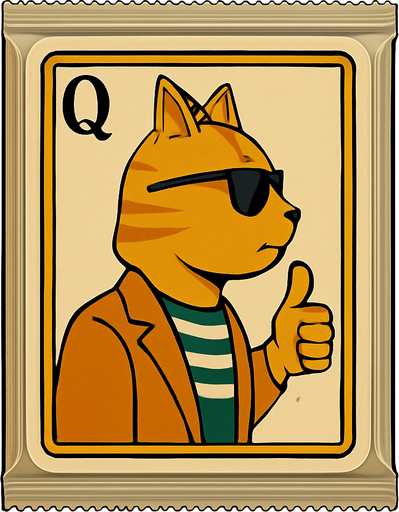 Change the graphic on the picture to be this cat, but like he’s a Queen on a playing card. He should still be wearing these clothes. Seen from the side in the same position as it would look in a regular deck of cards. Have a Q to mark the Queen but no suit.