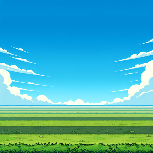 голубое небо, горизонт и зеленое поле.
Single Game Texture. In-Game asset. 2d. Blank background. High contrast. No shadows.