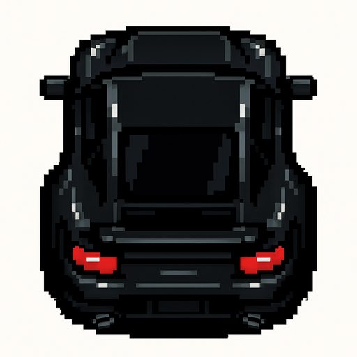 un auto negro deportivo hecho con pixeles con la perspectiva desde arriba y trasera.
In-Game asset.  2d.  High contrast.  No shadows