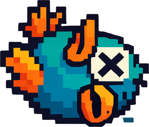 A pixel art version of the same bird character shown in a defeated state, designed for a 2D side-scrolling game. The bird appears to be falling downward or lying upside down, with closed or X-shaped eyes and limp wings. Its beak might be slightly open, and its posture should suggest that it is unconscious or dead. The overall style should remain cute and cartoonish, fitting the retro pixel art theme, but clearly indicate that the bird is no longer alive.
