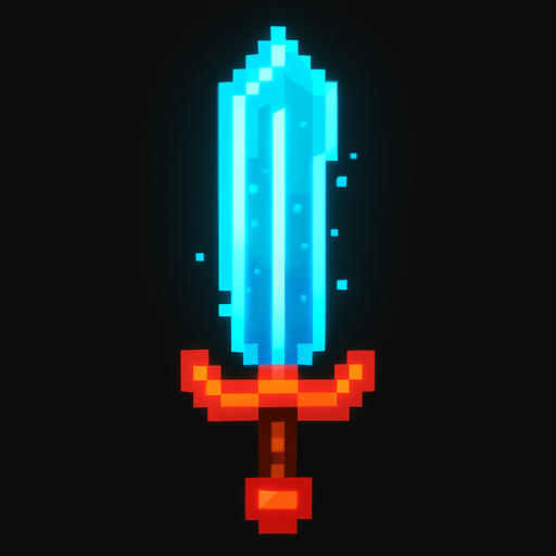 Diseña una espada estilo pixel art, sencilla pero llamativa. Debe ser fácil de animar o colocar junto a un personaje. El mango debe ser corto y simple, y la hoja puede ser recta o con un brillo digital. Usa colores llamativos como azul neón, rojo fuego o plateado con detalles pixelados. El diseño debe parecer futurista o mágico, como si fuera un arma especial de un guerrero digital..
In-Game asset.  2d.  High contrast.  No shadows
