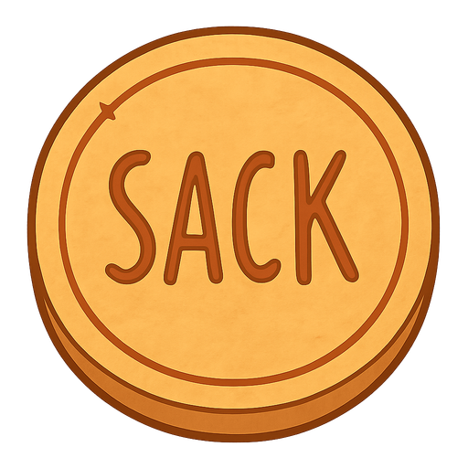 I want a coin and on it I want to be written sack. No background. Transparent background. Blank background. No shadows. 2d. In-Game asset. flat