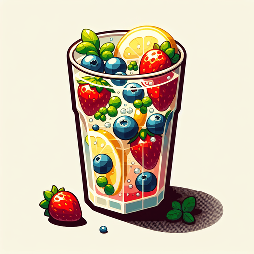 A nice glass of lemonade with strawberries and blueberries.
Single Game Texture. In-Game asset. 2d. Blank background. High contrast. No shadows.