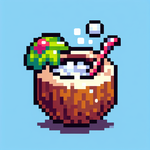 cartoon/8-bit. coconut drink. in a coconut..
Single Game Texture. In-Game asset. 2d. Blank background. High contrast. No shadows.