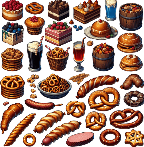A spritesheet full of different delicious medieval cakes, snacks, pretzels, sausages, hams, and beverages..
Single Game Texture. In-Game asset. 2d. Blank background. High contrast. No shadows.